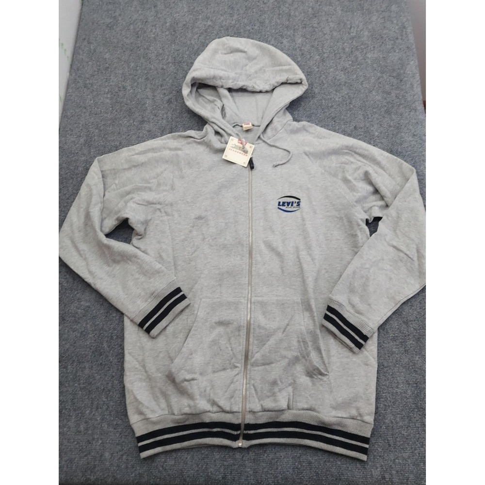 Levis Jeans Jacket Mens Large Gray Full Zip Hooded Logo Fleece Sample Cotton